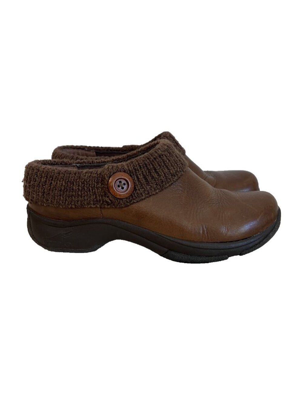 Dansko Kenzie Brown Leather Sweater Knit Collar Button Clogs Mules EU 40 US 9.5